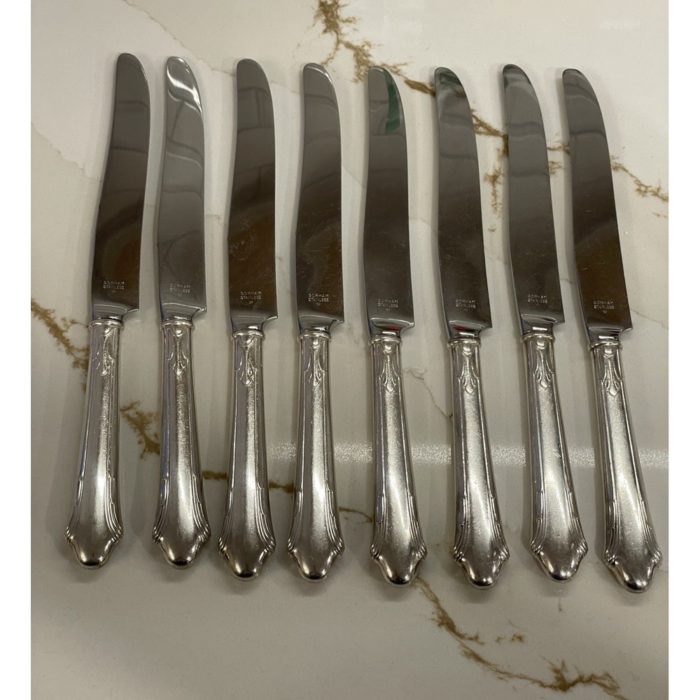 Vintage Gorham Caroline Stainless Steel Dinner Knife Set 8 Silver Plate Handle